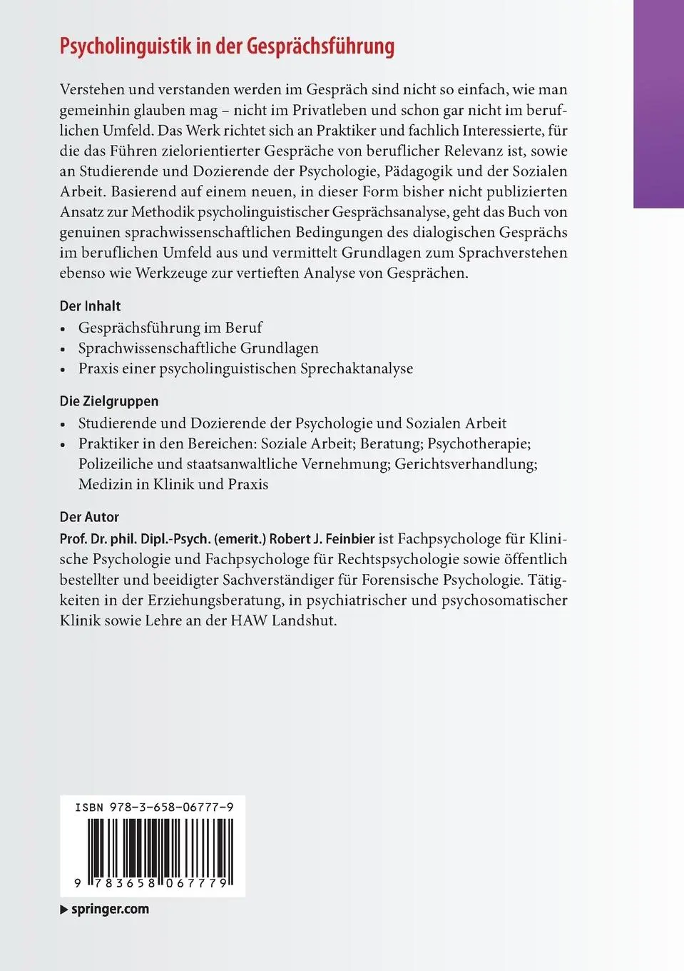 Rückseite: 9783658067779 | Psycholinguistik in der Gesprächsführung | Robert J. Feinbier | Buch