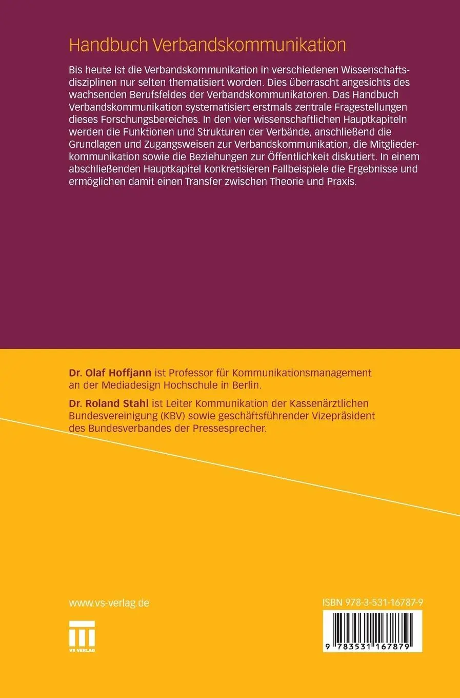 Rückseite: 9783531167879 | Handbuch Verbandskommunikation | Roland Stahl (u. a.) | Buch | 459 S.