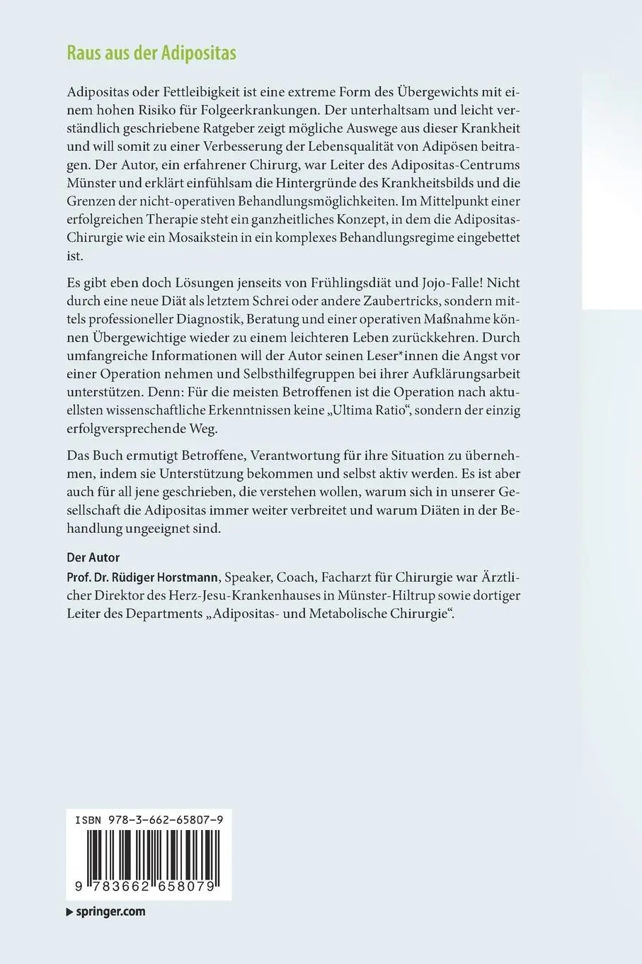 Rückseite: 9783662658079 | Raus aus der Adipositas | Rüdiger Horstmann | Taschenbuch | xv | 2023
