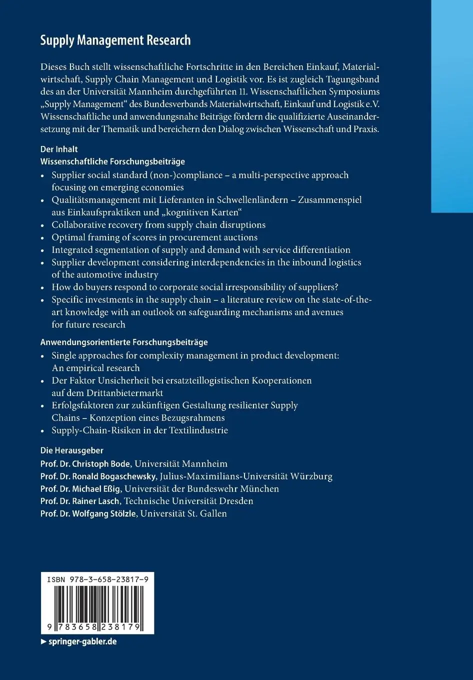Rückseite: 9783658238179 | Supply Management Research | Aktuelle Forschungsergebnisse 2018 | Buch
