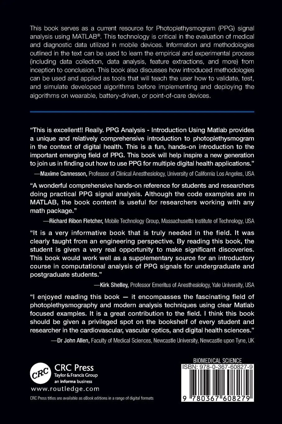 Rückseite: 9780367608279 | PPG Signal Analysis | An Introduction Using MATLAB® | Mohamed Elgendi