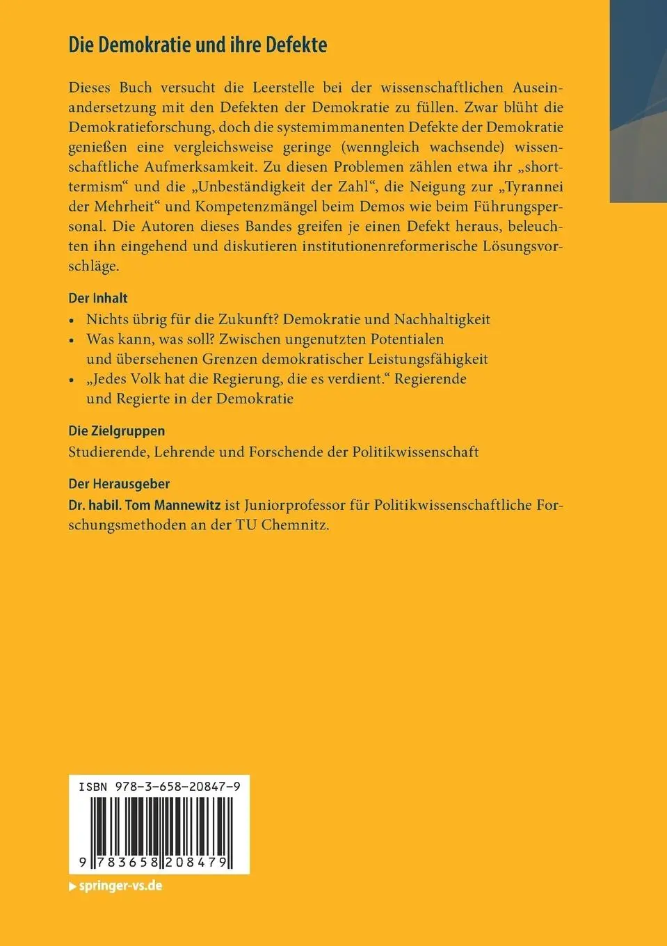 Rückseite: 9783658208479 | Die Demokratie und ihre Defekte | Analysen und Reformvorschläge | Buch