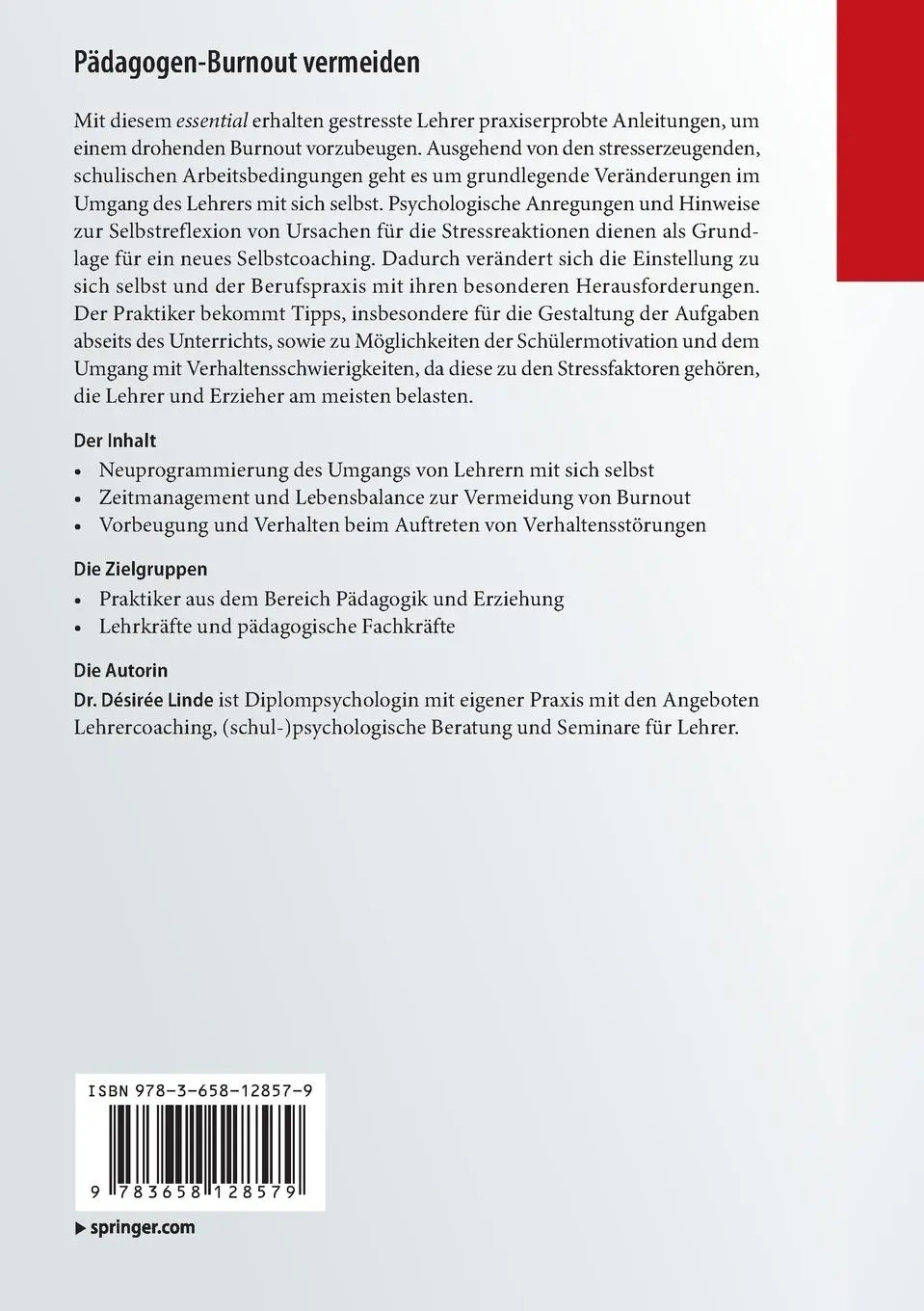Rückseite: 9783658128579 | Pädagogen-Burnout vermeiden | Selbsthilfe für gestresste Lehrer | Buch