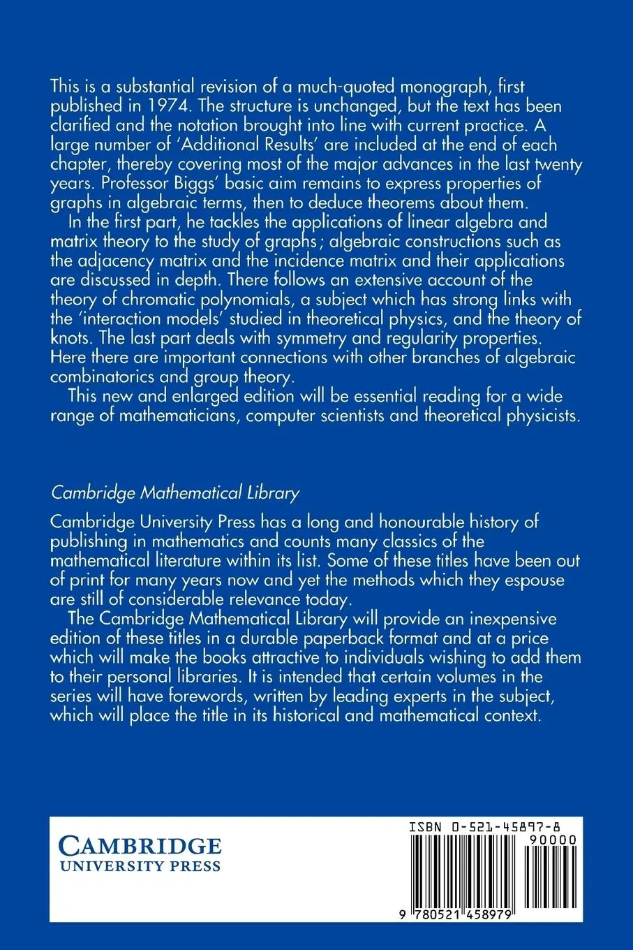 Rückseite: 9780521458979 | Algebraic Graph Theory | Norman L. Biggs (u. a.) | Taschenbuch | 1994