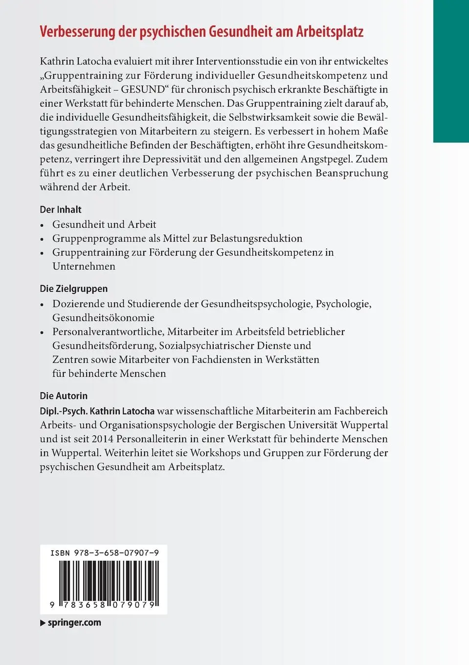 Rückseite: 9783658079079 | Verbesserung der psychischen Gesundheit am Arbeitsplatz | Latocha | x