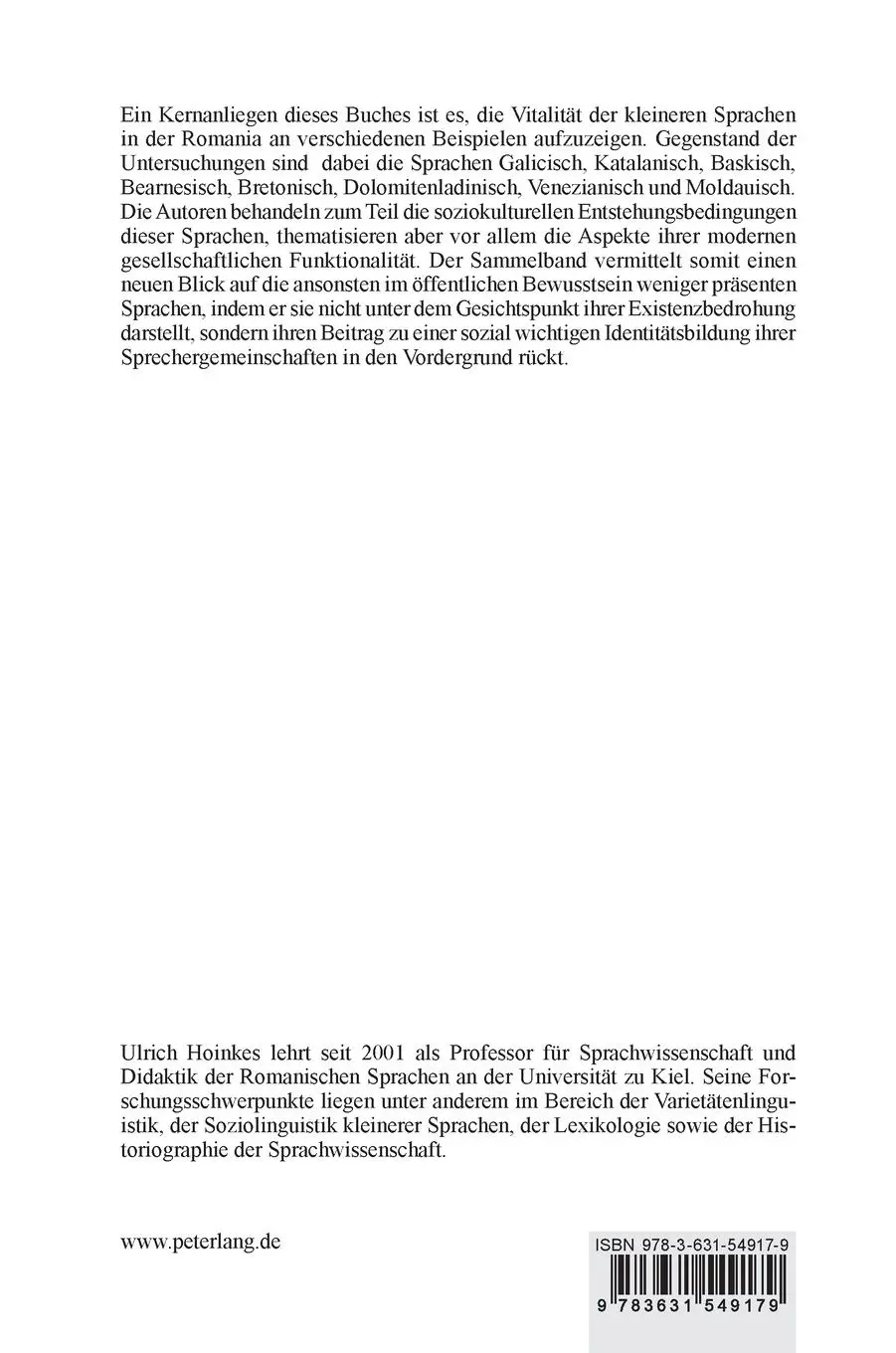 Rückseite: 9783631549179 | Die kleineren Sprachen in der Romania | Ulrich Hoinkes | Buch | 2013