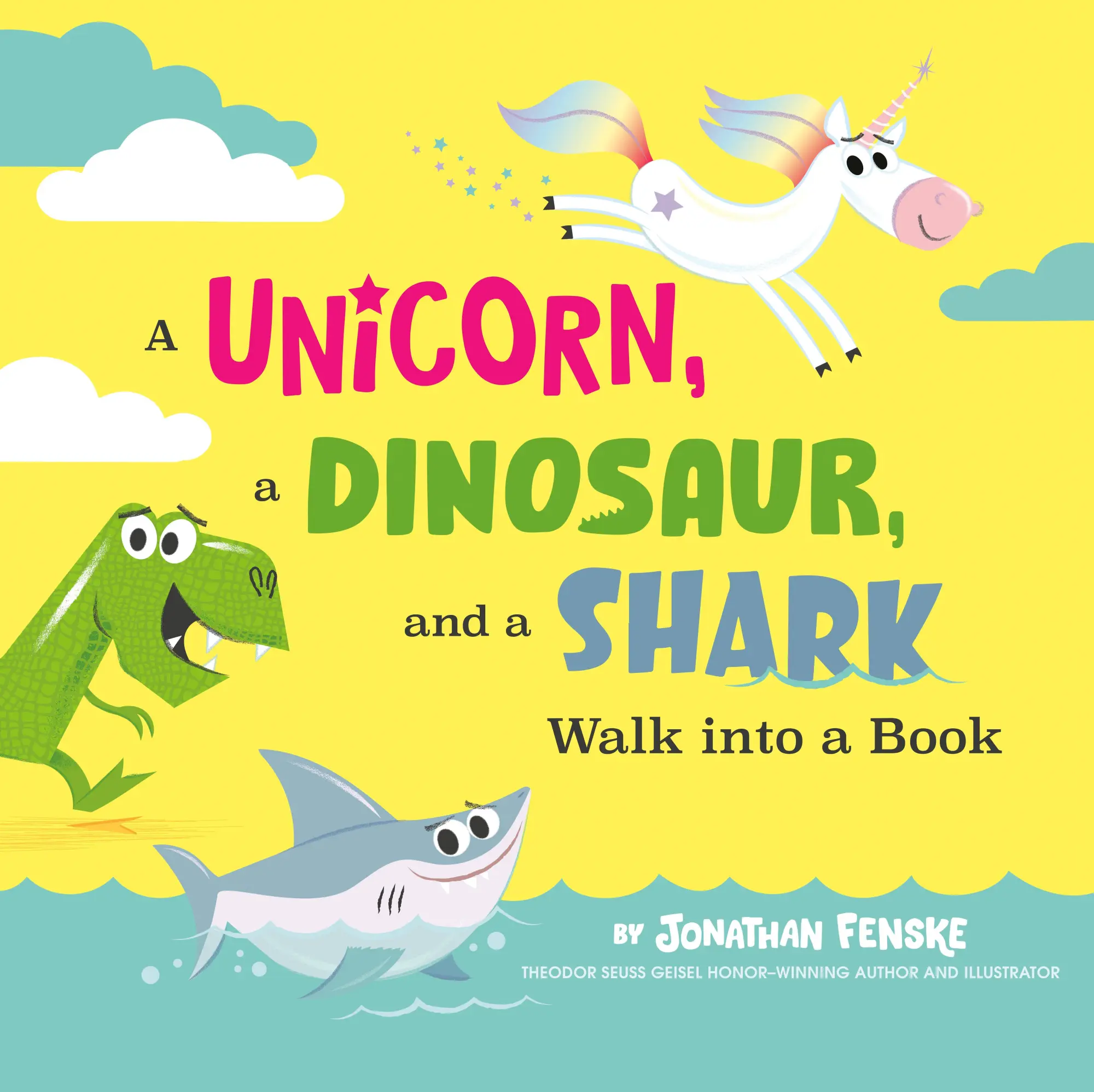 Cover: 9780593519479 | A Unicorn, a Dinosaur, and a Shark Walk Into a Book | Jonathan Fenske