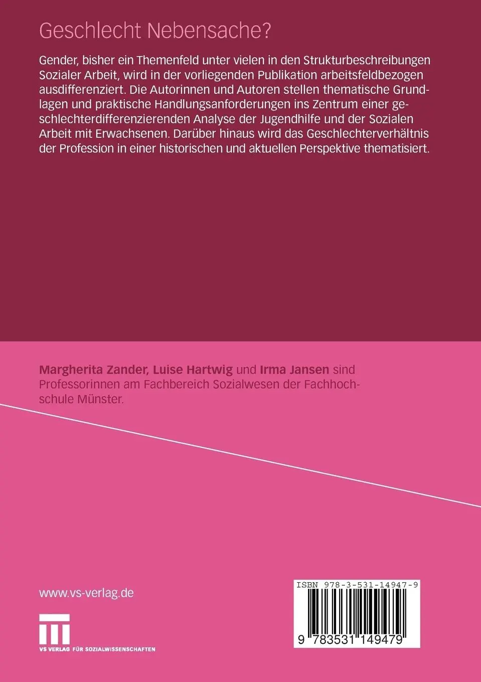 Rückseite: 9783531149479 | Geschlecht Nebensache? | Margherita Zander (u. a.) | Taschenbuch | vi