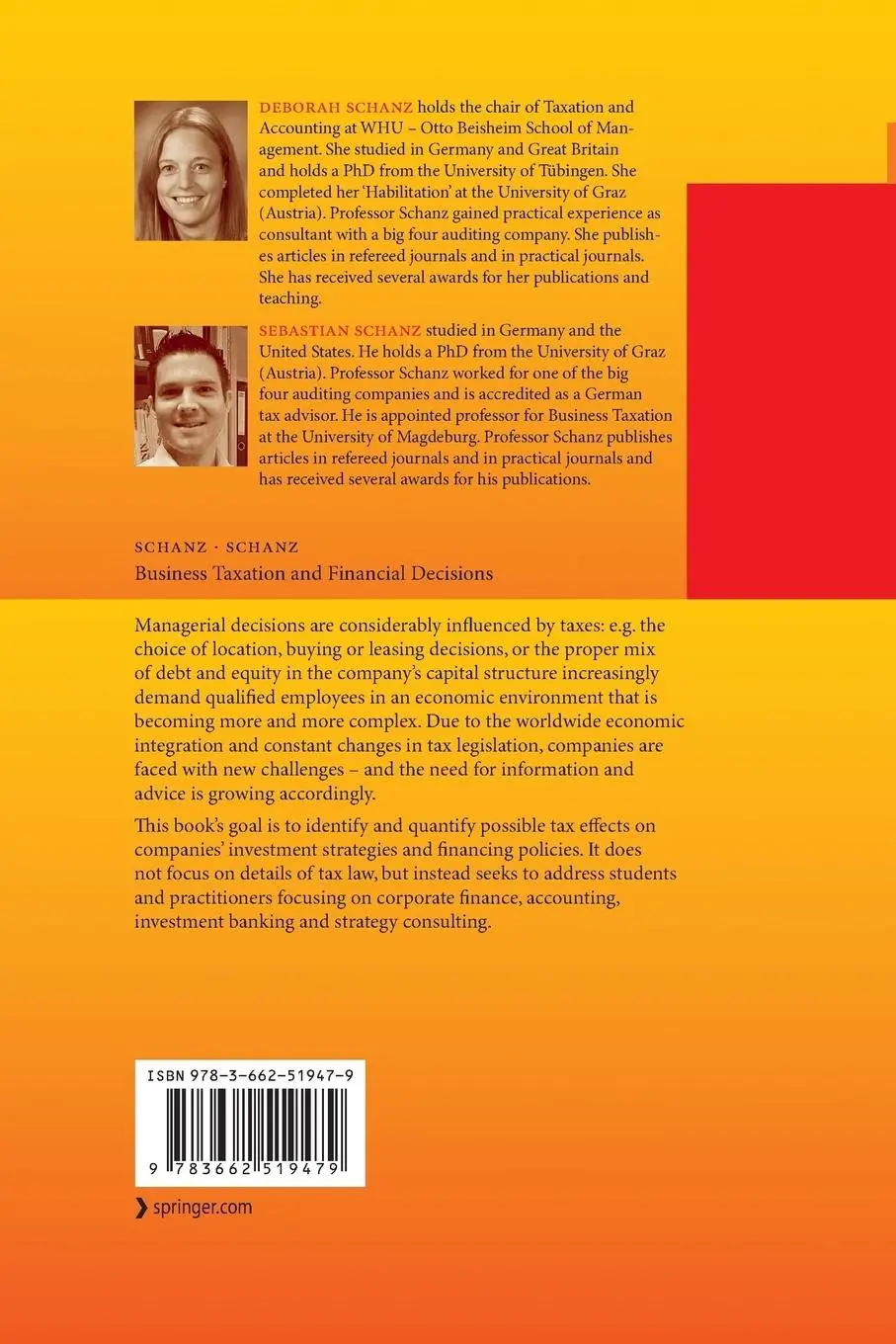 Rückseite: 9783662519479 | Business Taxation and Financial Decisions | Sebastian Schanz (u. a.)