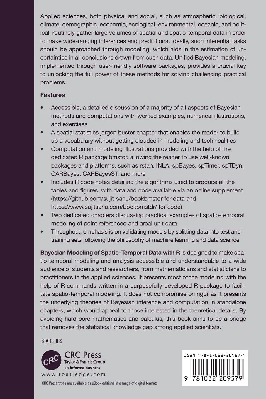 Rückseite: 9781032209579 | Bayesian Modeling of Spatio-Temporal Data with R | Sujit Sahu | Buch