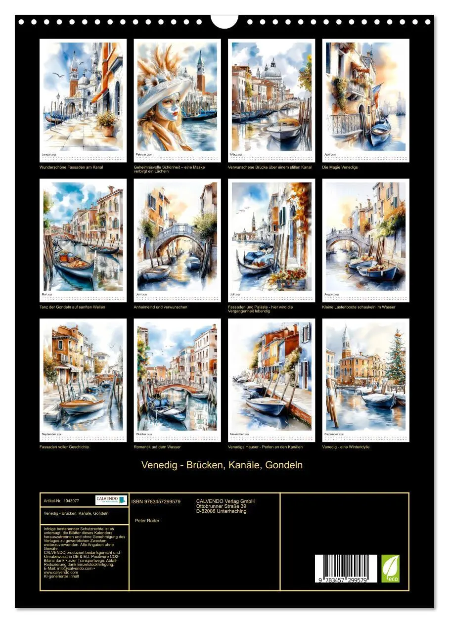 Bild: 9783457299579 | Venedig - Brücken, Kanäle, Gondeln (Wandkalender 2026 DIN A3 hoch),...