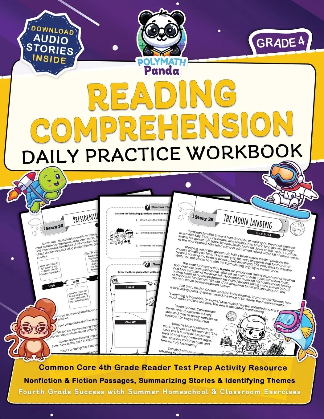 Cover: 9781953149879 | Reading Comprehension Grade 4 Daily Practice Workbook | Polymath Panda