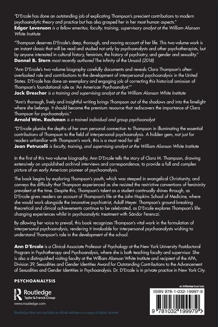 Rückseite: 9781032199979 | Clara M. Thompson's Early Years and Professional Awakening | D'Ercole