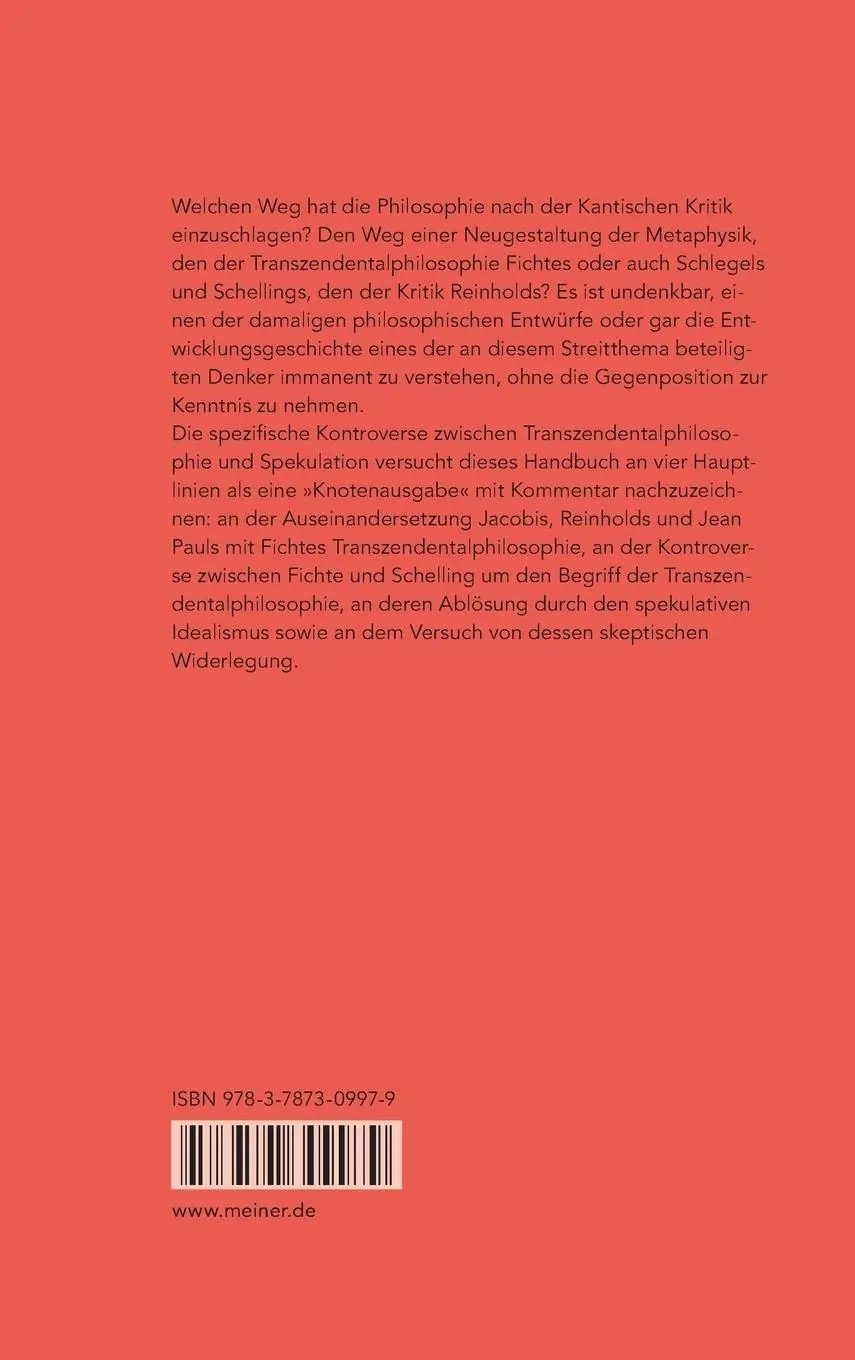 Rückseite: 9783787309979 | Transzendentalphilosophie und Spekulation. Quellen | Walter Jaeschke