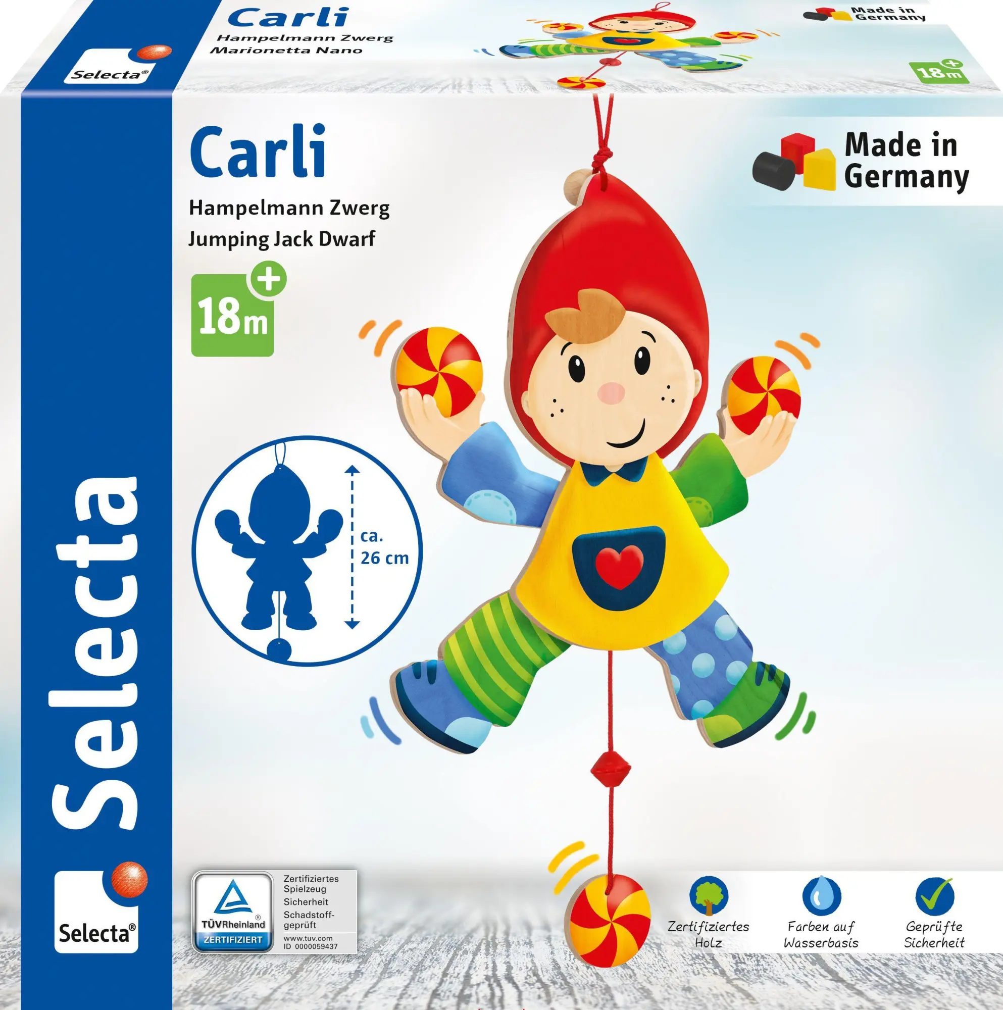Cover: 4060848600080 | Carli, Hampelmann, 27 cm | Selecta Holzspielzeug | Spiel | Brettspiel