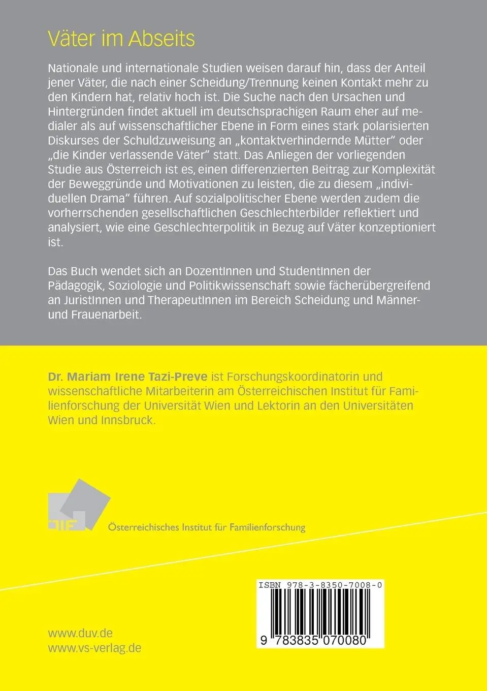 Rückseite: 9783835070080 | Väter im Abseits | Mariam Irene Tazi-Preve (u. a.) | Taschenbuch | xi