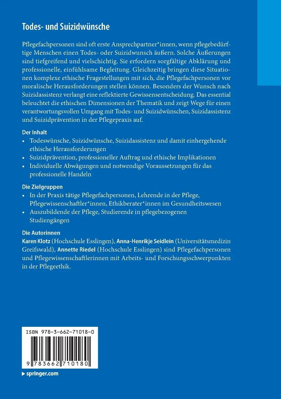 Rückseite: 9783662710180 | Todes- und Suizidwünsche | Ethische Herausforderungen in der Pflege