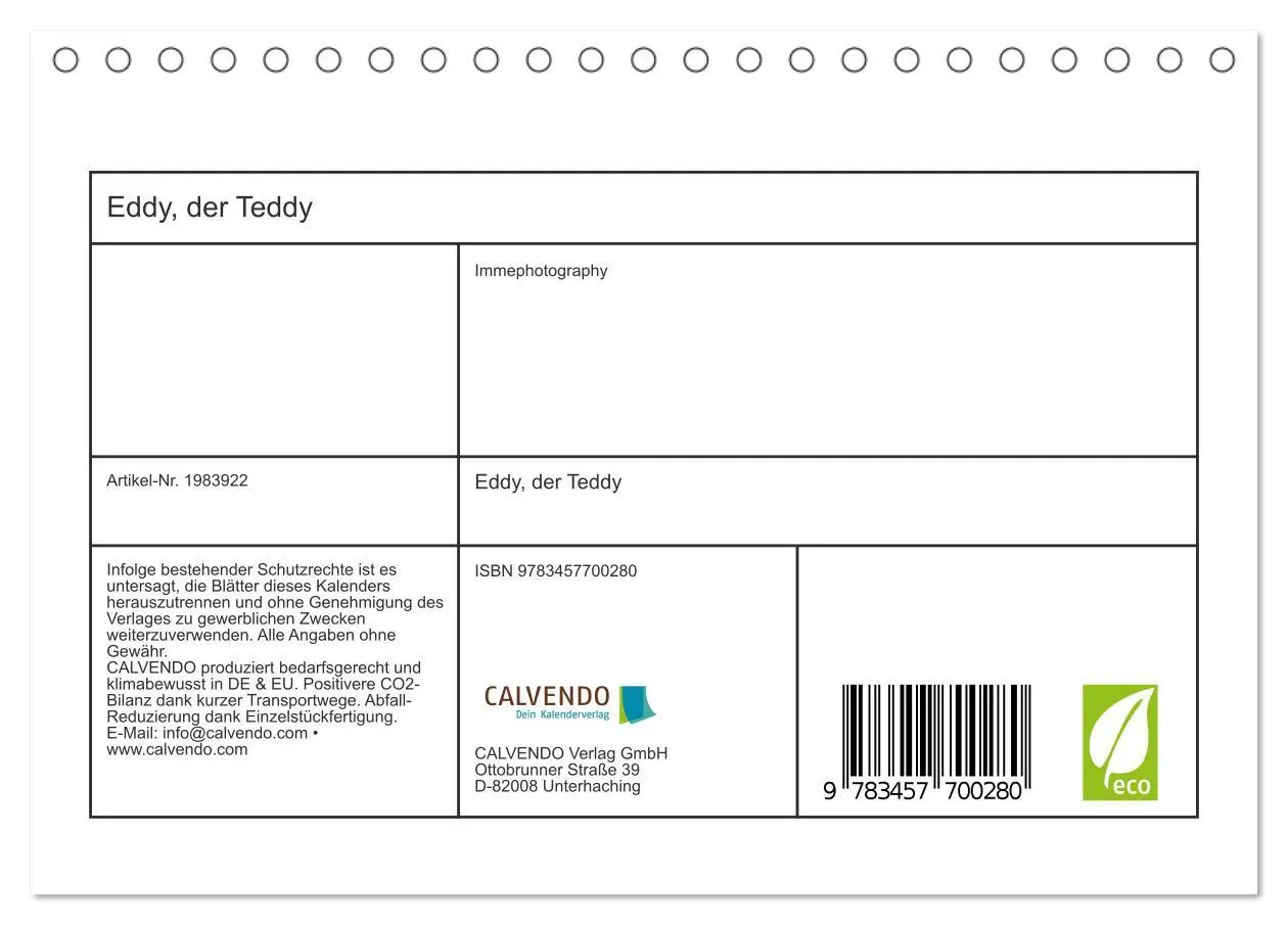 Bild: 9783457700280 | Eddy, der Teddy (Tischkalender 2026 DIN A5 quer), CALVENDO...
