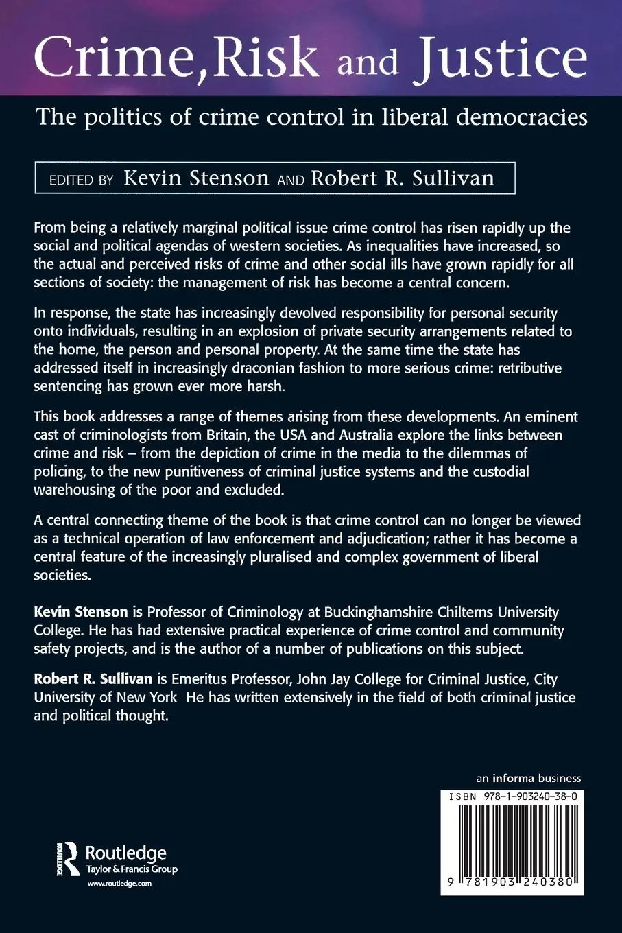 Rückseite: 9781903240380 | Crime, Risk and Justice | Kevin Stenson (u. a.) | Taschenbuch | 2000
