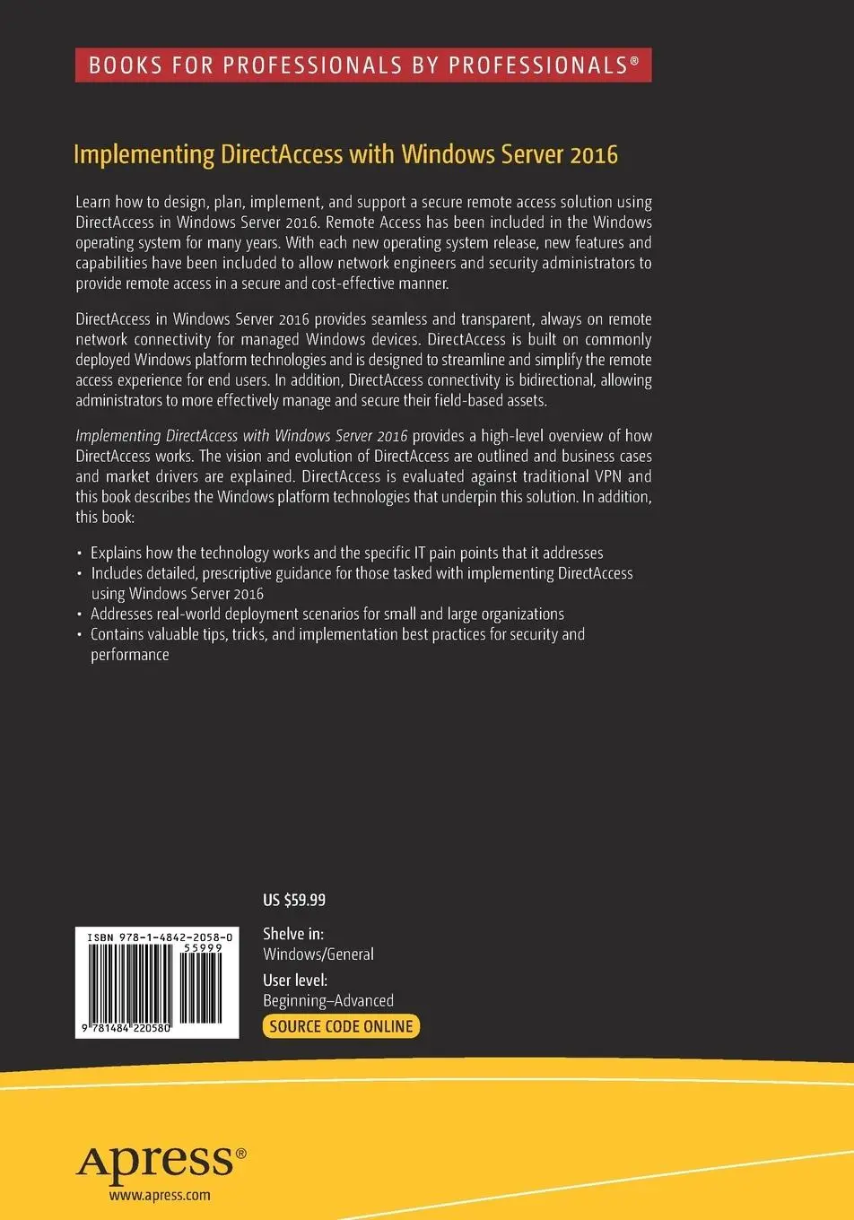 Rückseite: 9781484220580 | Implementing DirectAccess with Windows Server 2016 | Richard M. Hicks