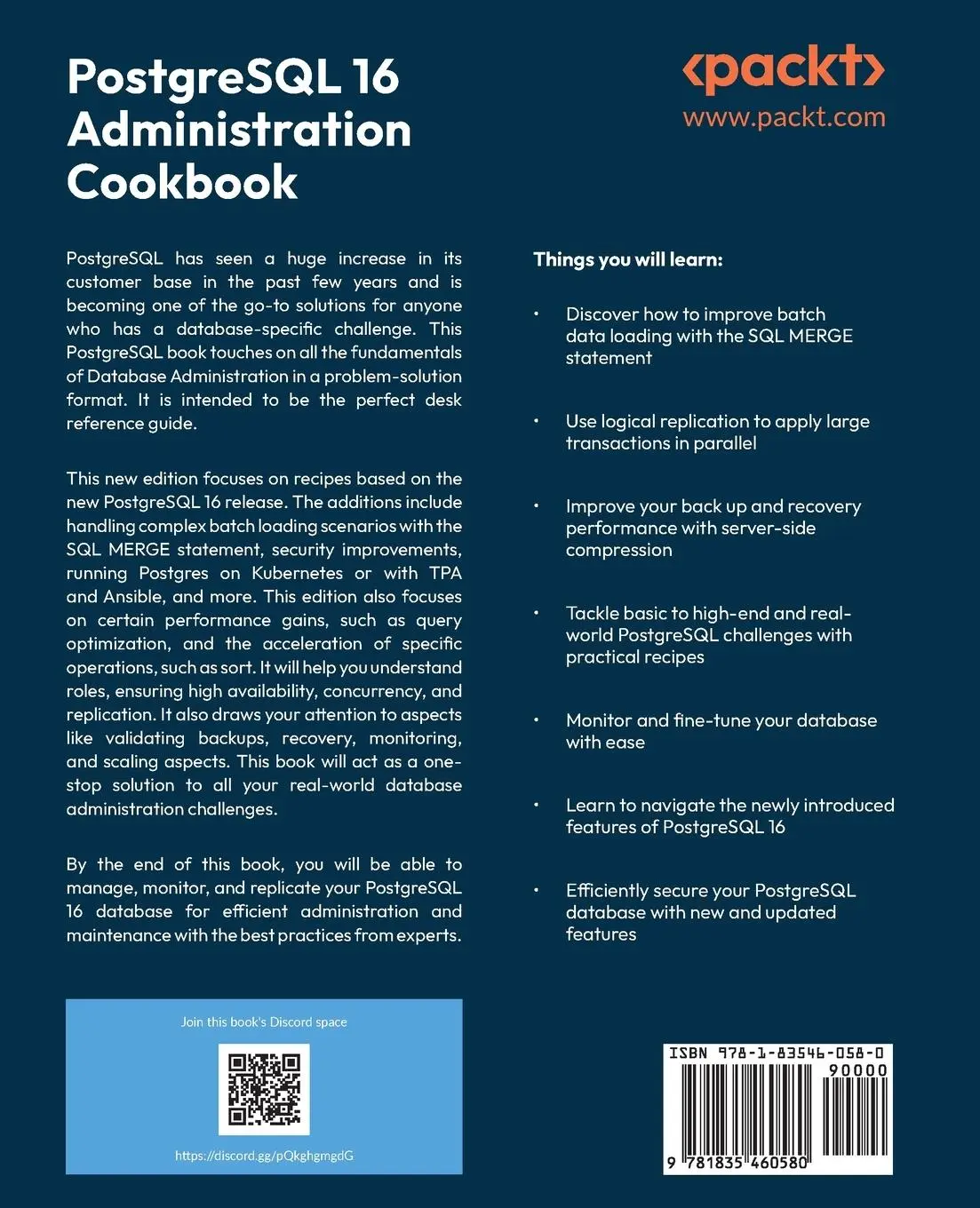 Rückseite: 9781835460580 | PostgreSQL 16 Administration Cookbook | Gianni Ciolli (u. a.) | Buch