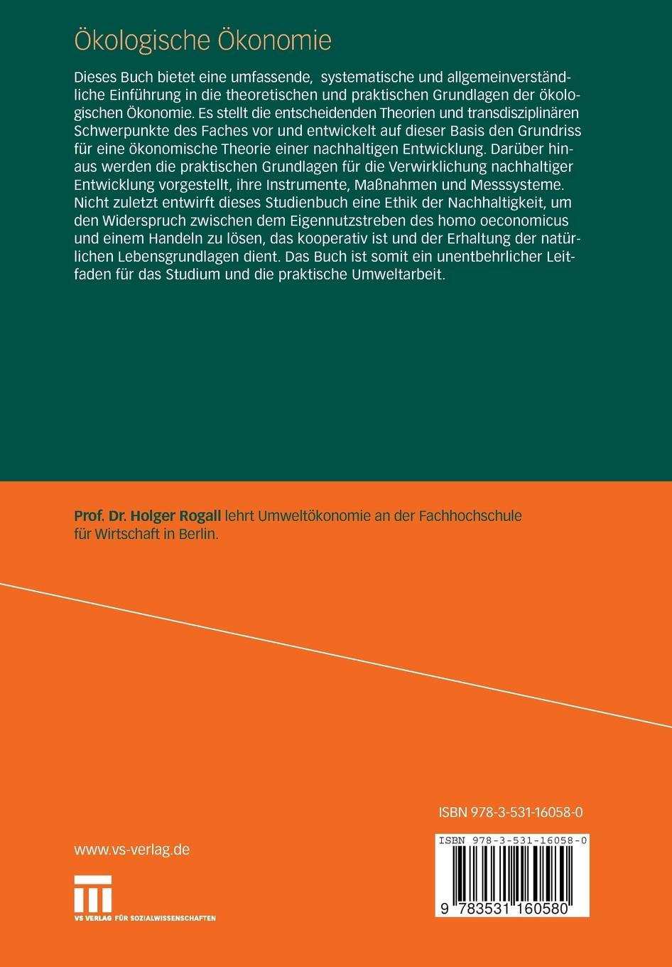 Rückseite: 9783531160580 | Ökologische Ökonomie | Eine Einführung | Holger Rogall | Taschenbuch