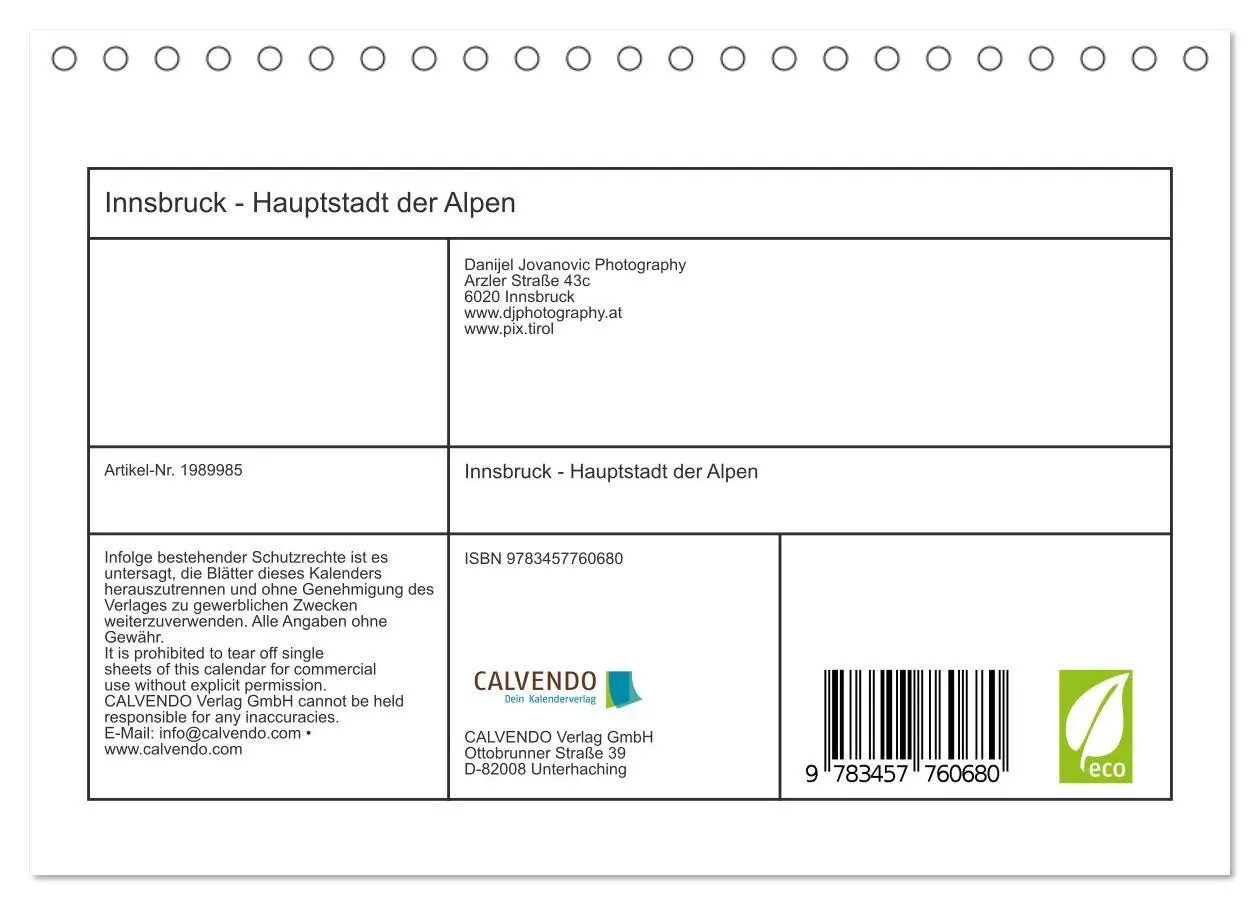 Bild: 9783457760680 | Innsbruck - Hauptstadt der Alpen (Tischkalender 2026 DIN A5 quer),...