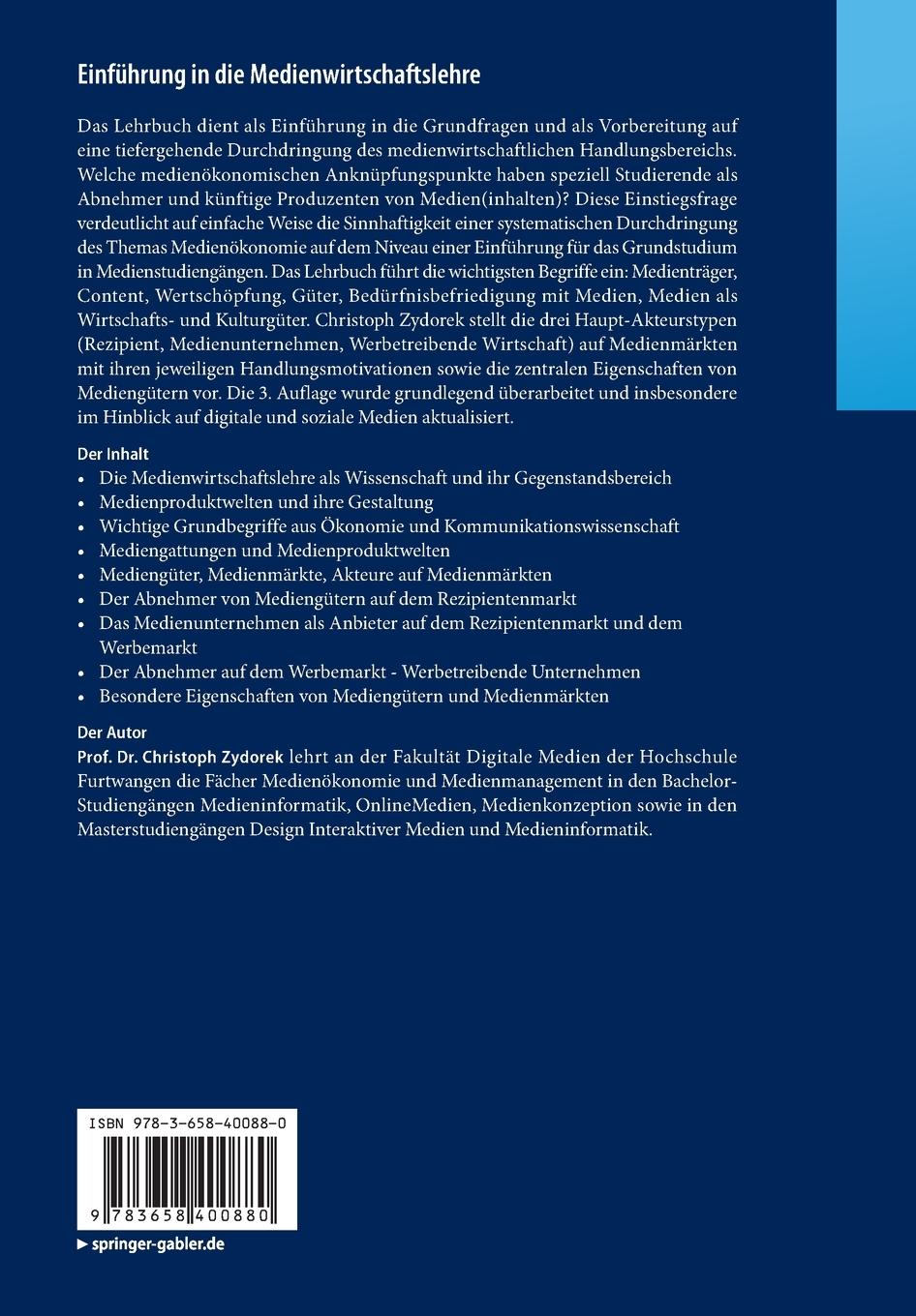 Rückseite: 9783658400880 | Einführung in die Medienwirtschaftslehre | Christoph Zydorek | Buch