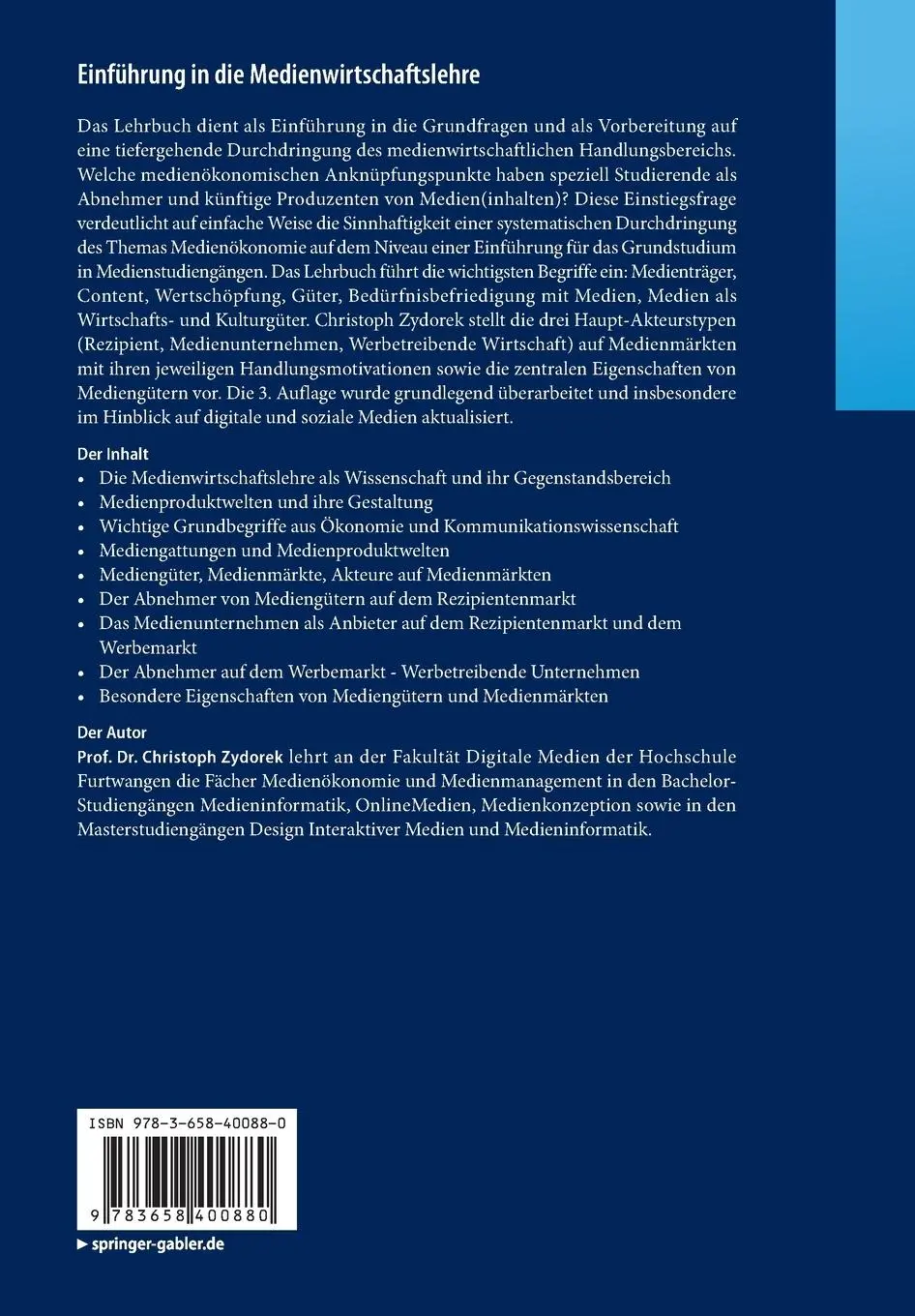 Rückseite: 9783658400880 | Einführung in die Medienwirtschaftslehre | Christoph Zydorek | Buch