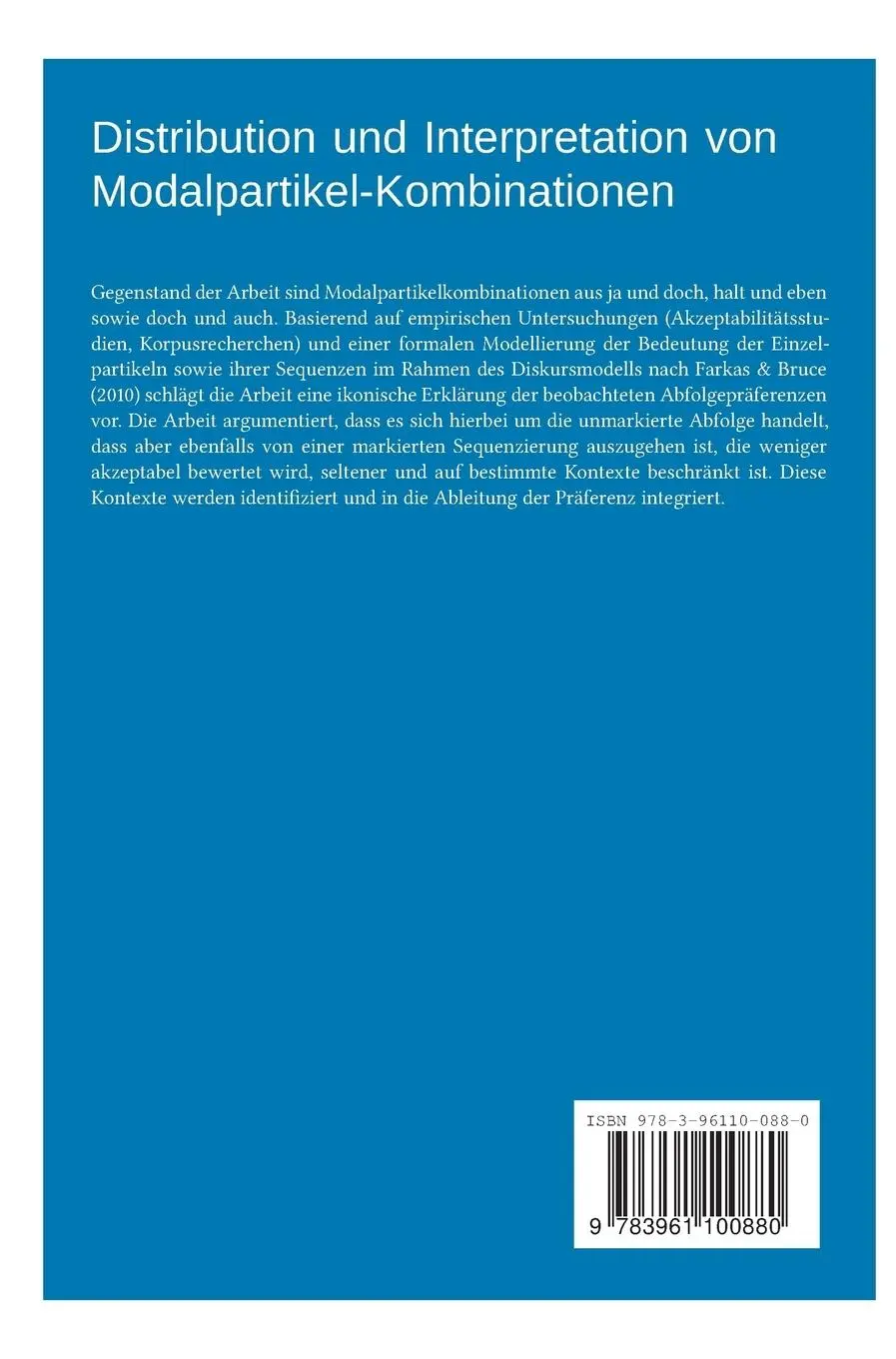 Rückseite: 9783961100880 | Distribution und Interpretation von Modalpartikel-Kombinationen | Buch
