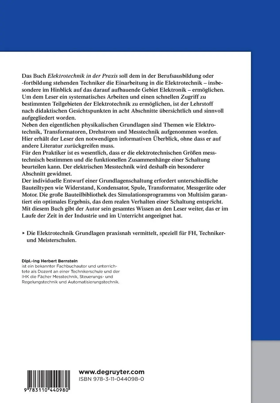 Rückseite: 9783110440980 | Elektrotechnik in der Praxis | Herbert Bernstein | Taschenbuch | XII