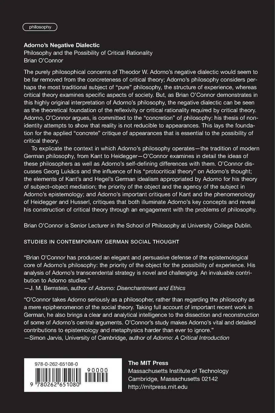 Rückseite: 9780262651080 | Adorno's Negative Dialectic | Brian O'Connor | Taschenbuch | Englisch