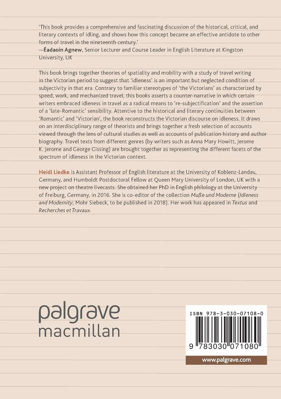 Rückseite: 9783030071080 | The Experience of Idling in Victorian Travel Texts, 1850-1901 | Liedke