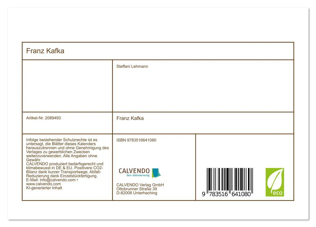 Bild: 9783516641080 | Franz Kafka (Tischkalender 2026 DIN A5 quer), CALVENDO Monatskalender