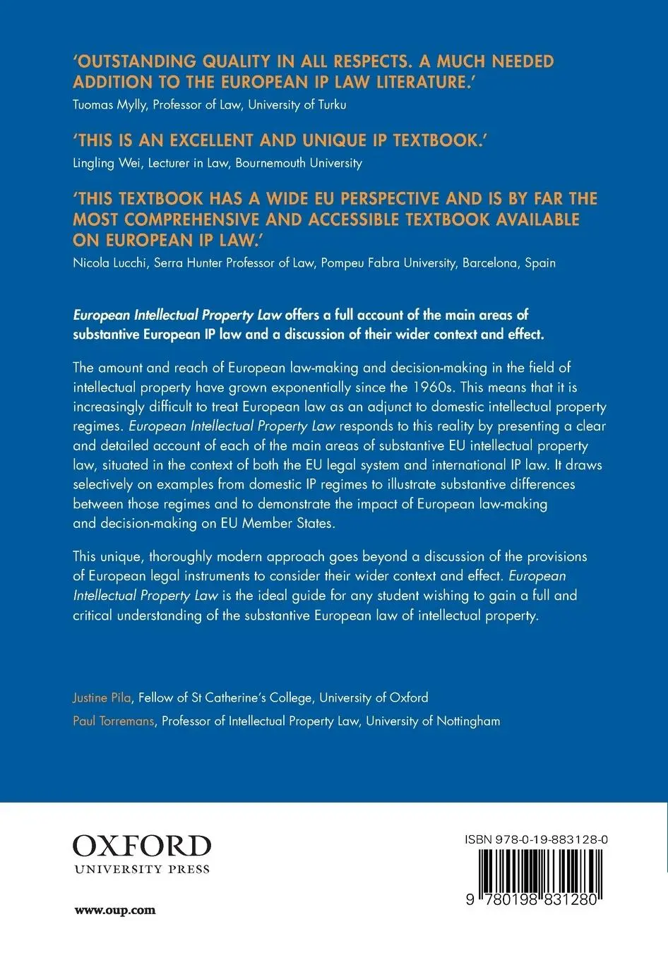 Rückseite: 9780198831280 | European Intellectual Property Law | Justine Pila (u. a.) | Buch
