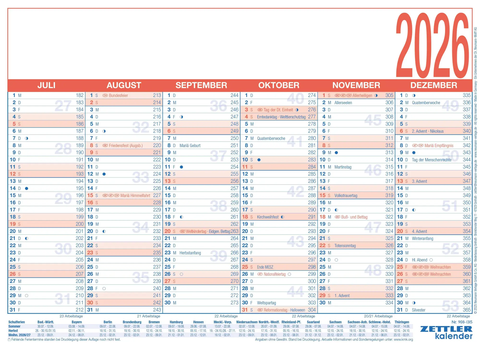 Cover: 4069095001480 | Arbeitstagekalender 2026 - A4 (29 x 21 cm) - 6 Monate auf 1 Seite -...