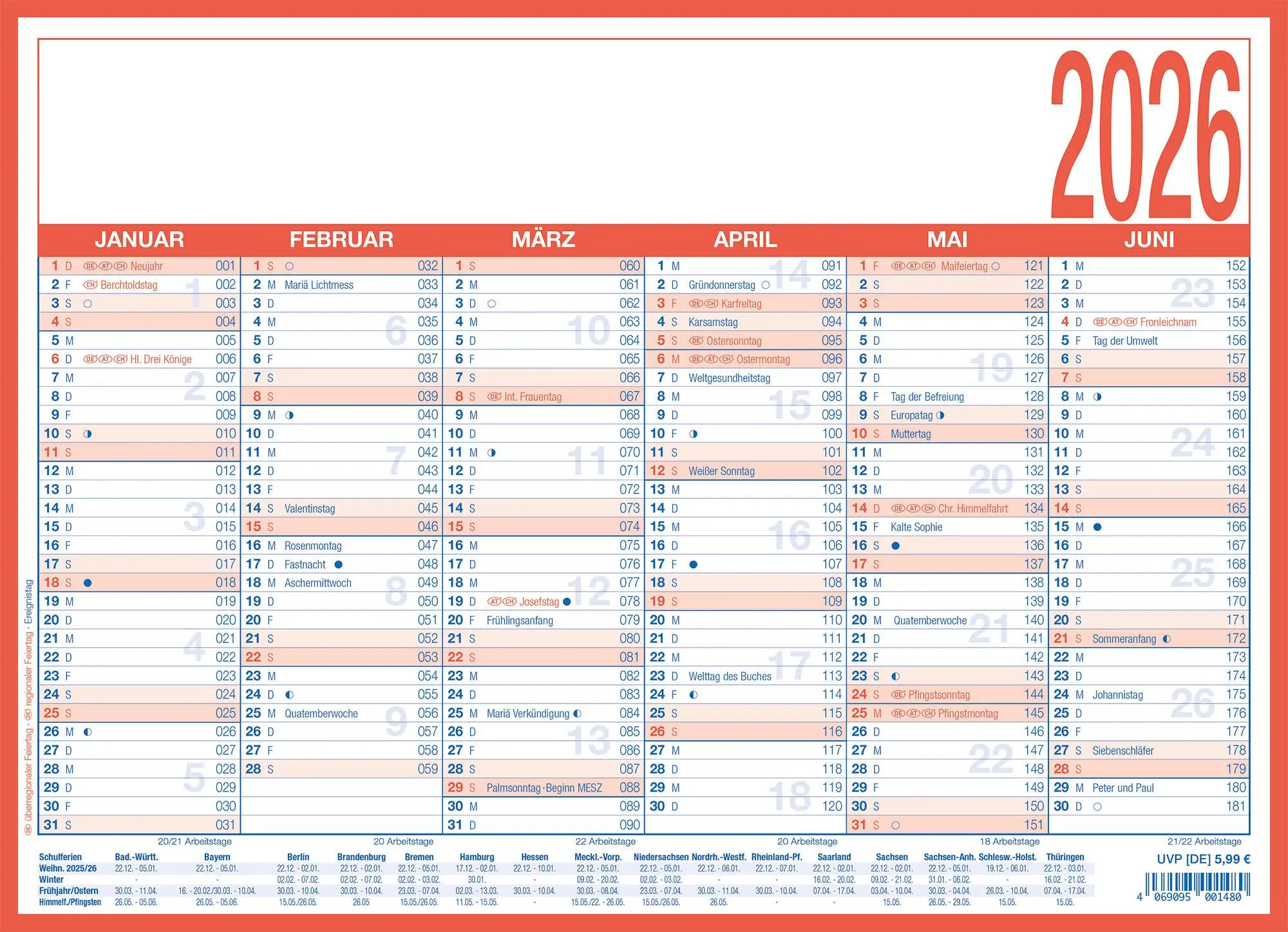 Bild: 4069095001480 | Arbeitstagekalender 2026 - A4 (29 x 21 cm) - 6 Monate auf 1 Seite -...