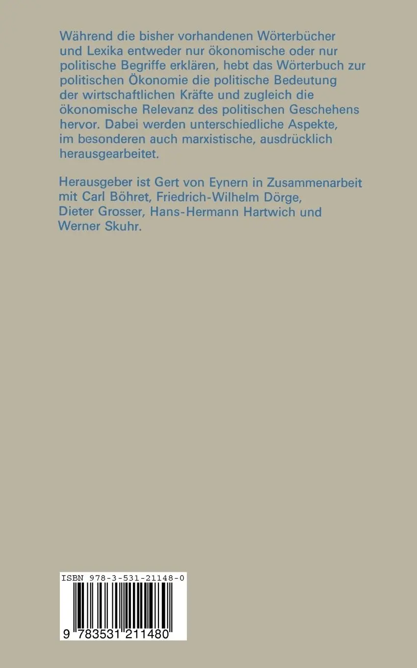 Rückseite: 9783531211480 | Wörterbuch zur politischen Ökonomie | Gert von Eynern | Taschenbuch