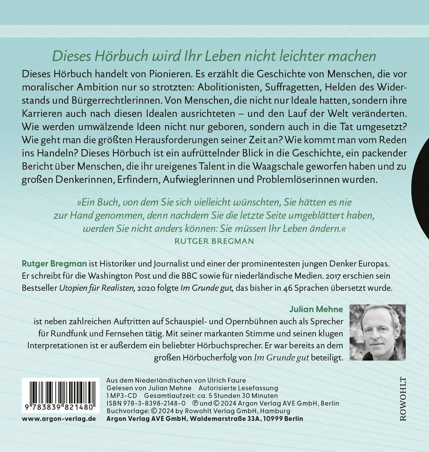 Rückseite: 9783839821480 | Moralische Ambition | Rutger Bregman | MP3 | 1 Audio-CD | Deutsch
