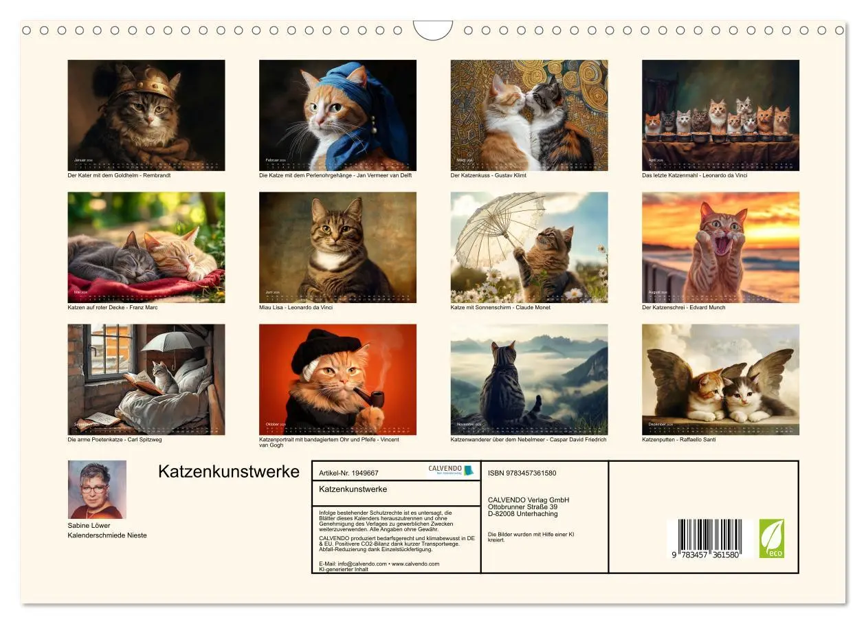 Bild: 9783457361580 | Katzenkunstwerke (Wandkalender 2026 DIN A3 quer), CALVENDO...