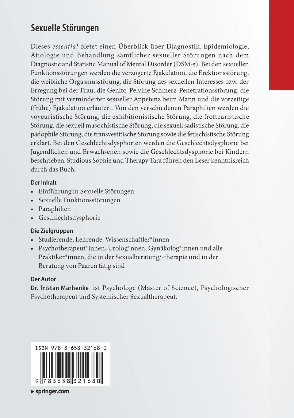 Rückseite: 9783658321680 | Sexuelle Störungen | Eine Einführung | Tristan Marhenke | Taschenbuch