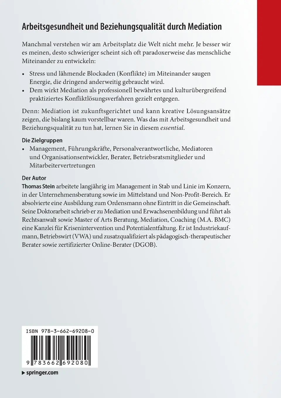 Rückseite: 9783662692080 | Arbeitsgesundheit und Beziehungsqualität durch Mediation | Stein | xv