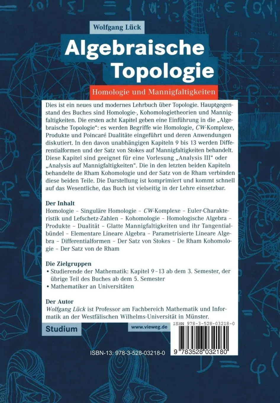 Rückseite: 9783528032180 | Algebraische Topologie | Homologie und Mannigfaltigkeiten | Lück | ix