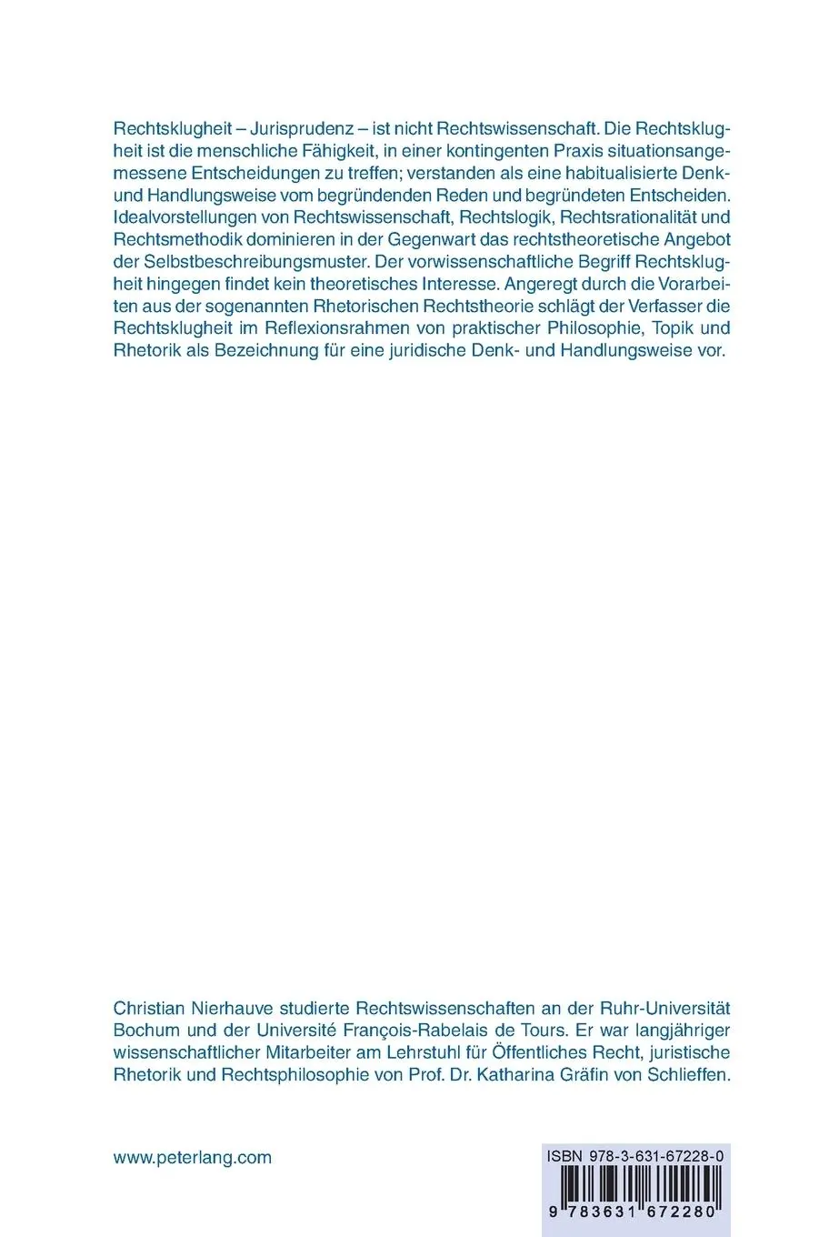 Rückseite: 9783631672280 | Rechtsklugheit | Beitrag zu einer Rhetorischen Rechtstheorie | Buch