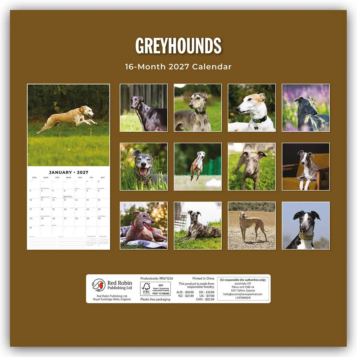 Rückseite: 9781837012480 | Greyhound - Windhund 2027 - 16-Monatskalender | Robin Red | Kalender