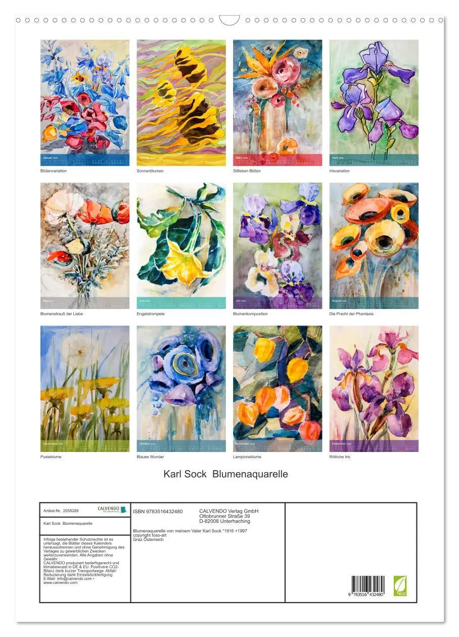Bild: 9783516432480 | Karl Sock Blumenaquarelle (Wandkalender 2026 DIN A2 hoch), CALVENDO...