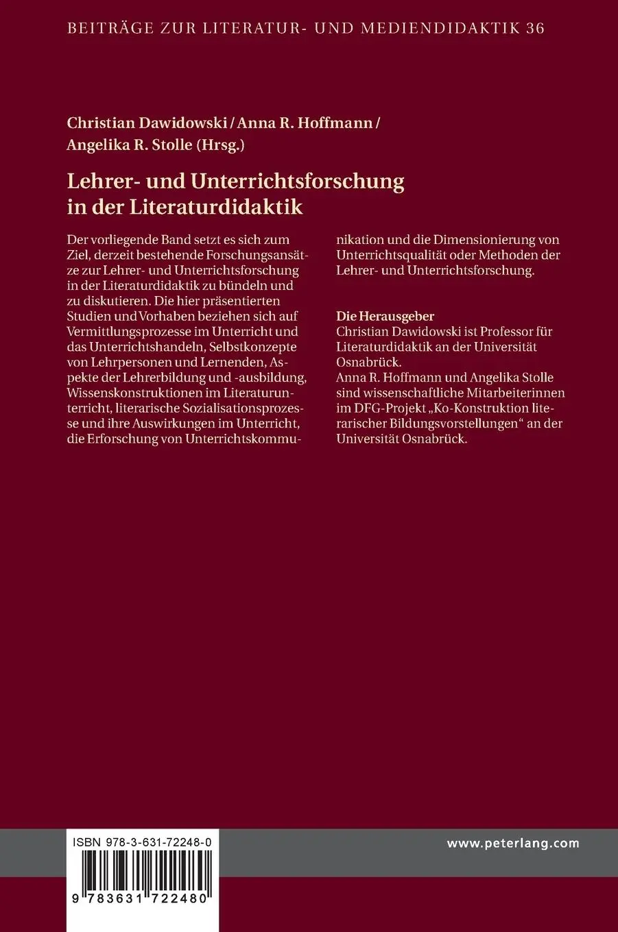 Rückseite: 9783631722480 | Lehrer- und Unterrichtsforschung in der Literaturdidaktik | Buch