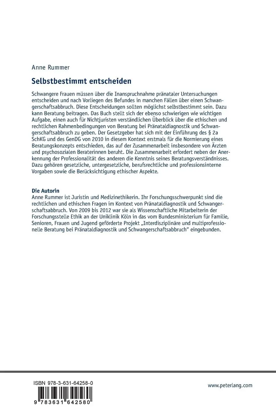 Rückseite: 9783631642580 | Selbstbestimmt entscheiden | Anne Rummer | Buch | Deutsch | 2013