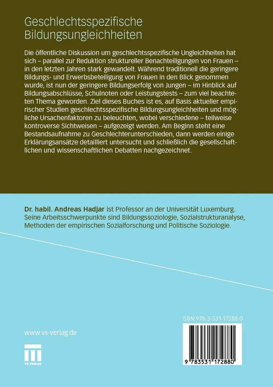 Rückseite: 9783531172880 | Geschlechtsspezifische Bildungsungleichheiten | Andreas Hadjar | Buch