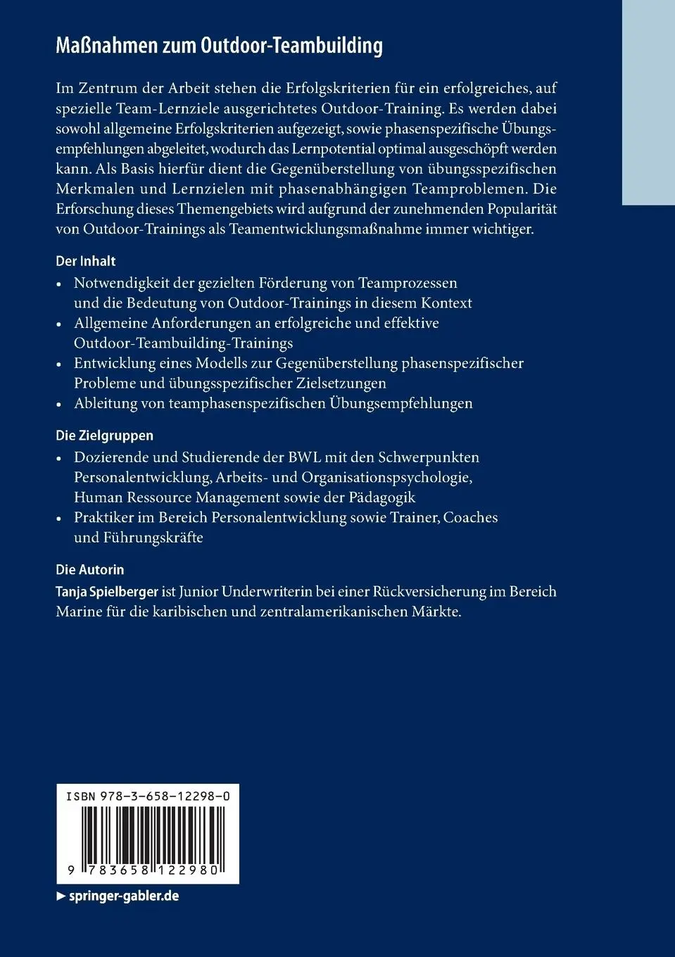 Rückseite: 9783658122980 | Maßnahmen zum Outdoor-Teambuilding | Tanja Spielberger | Taschenbuch